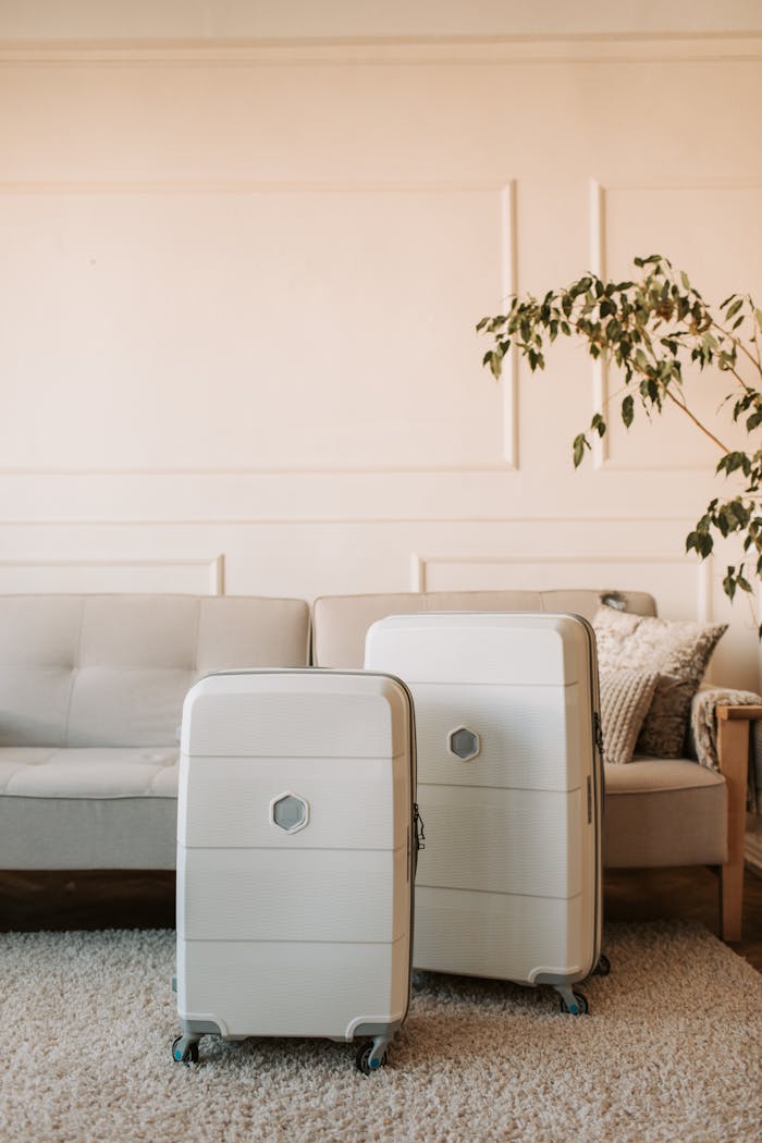 Modern white suitcases placed in warm, stylish living room, perfect for travel concepts.